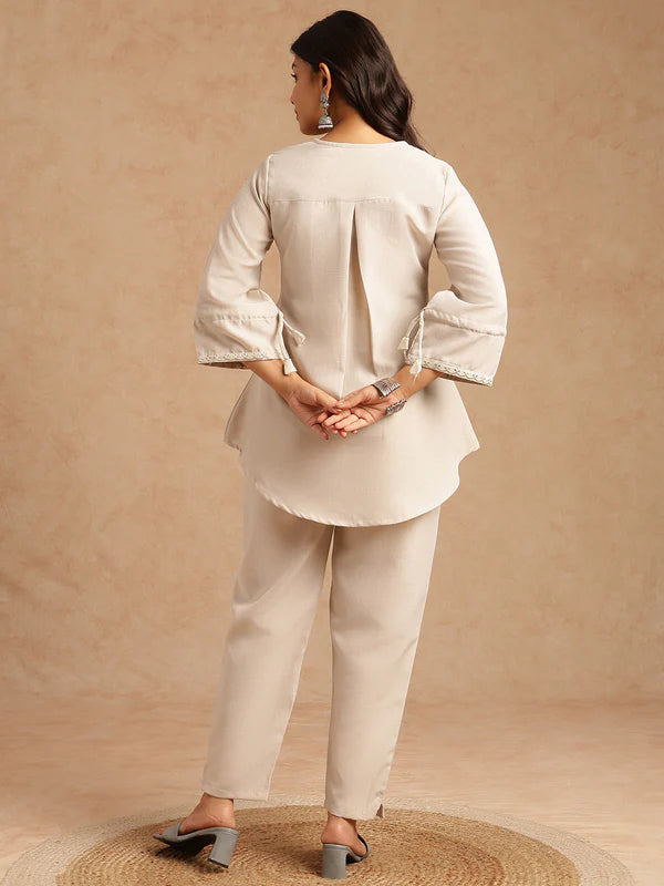 Ivory Pure Linen Co-ord Set with Floral Embroidered Yoke, Drawstring Sleeves & Straight Trousers