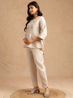 Ivory Pure Linen Co-ord Set with Floral Embroidered Yoke, Drawstring Sleeves & Straight Trousers