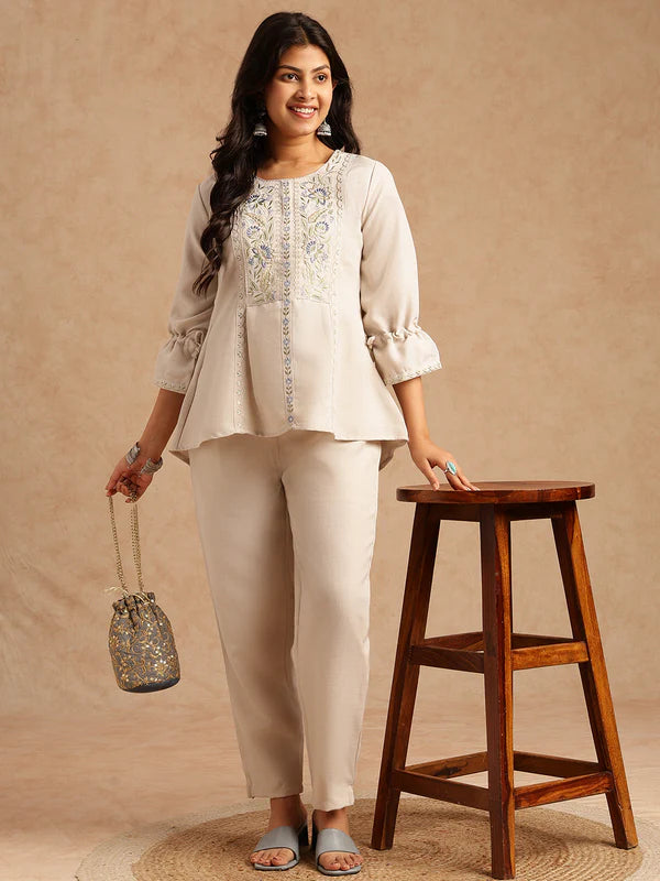 Ivory Pure Linen Co-ord Set with Floral Embroidered Yoke, Drawstring Sleeves & Straight Trousers