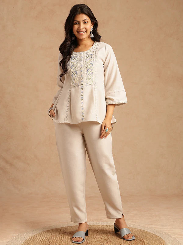 Ivory Pure Linen Co-ord Set with Floral Embroidered Yoke, Drawstring Sleeves & Straight Trousers