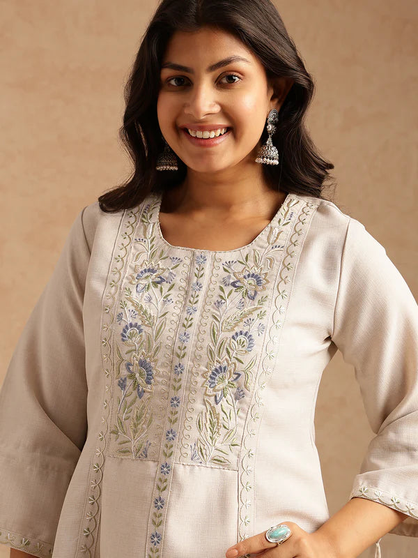 Ivory Pure Linen Co-ord Set with Floral Embroidered Yoke, Drawstring Sleeves & Straight Trousers