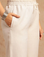 Ivory Pure Linen Co-ord Set with Floral Embroidered Yoke, Drawstring Sleeves & Straight Trousers