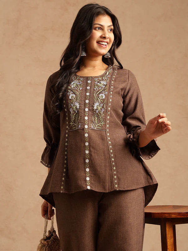 Chocolate Brown Pure Linen Co-ord Set with Floral Embroidered Yoke, Drawstring Sleeves & Straight Trousers