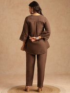 Chocolate Brown Pure Linen Co-ord Set with Floral Embroidered Yoke, Drawstring Sleeves & Straight Trousers