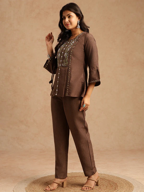 Chocolate Brown Pure Linen Co-ord Set with Floral Embroidered Yoke, Drawstring Sleeves & Straight Trousers