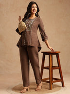Chocolate Brown Pure Linen Co-ord Set with Floral Embroidered Yoke, Drawstring Sleeves & Straight Trousers