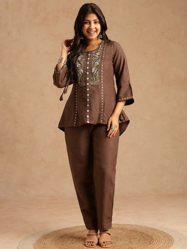 Chocolate Brown Pure Linen Co-ord Set with Floral Embroidered Yoke, Drawstring Sleeves & Straight Trousers