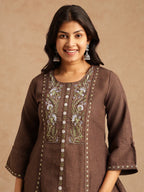 Chocolate Brown Pure Linen Co-ord Set with Floral Embroidered Yoke, Drawstring Sleeves & Straight Trousers
