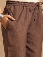 Chocolate Brown Pure Linen Co-ord Set with Floral Embroidered Yoke, Drawstring Sleeves & Straight Trousers