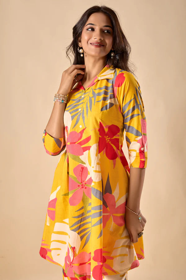 Mustard Cotton Floral Print A-Line Co-Ord Set
