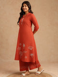 Rust Red Embroidery A-Line Khadi Cotton Stitched Kurta Set