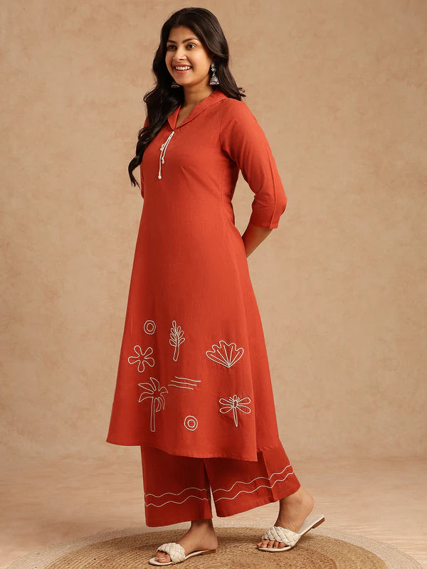 Rust Red Embroidery A-Line Khadi Cotton Stitched Kurta Set