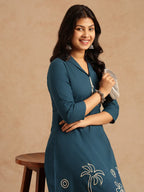 Dark Teal Embroidery A-Line Khadi Cotton Stitched Kurta Set