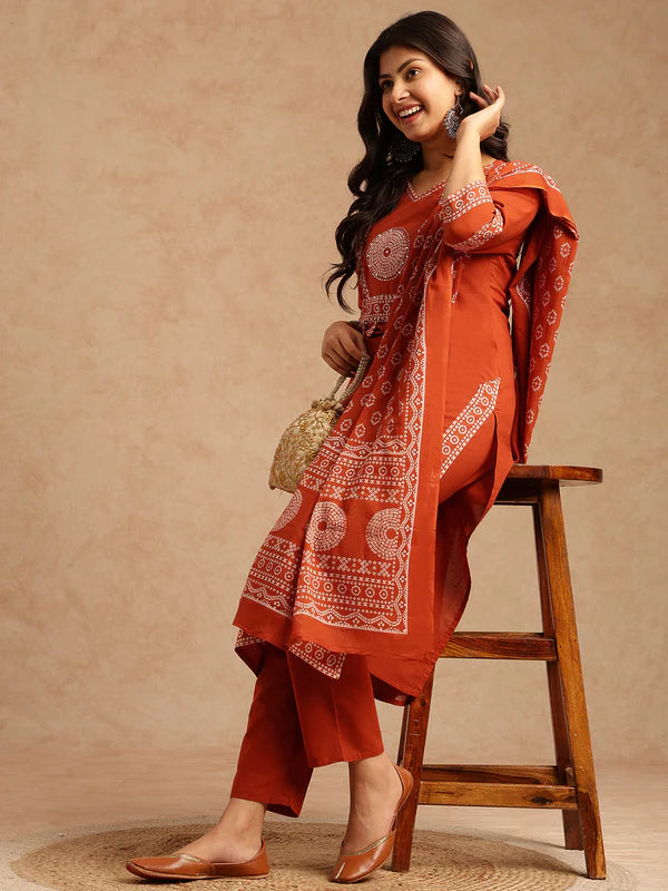Orange Bandhani Print Straight Cotton Stitched Kurta Set