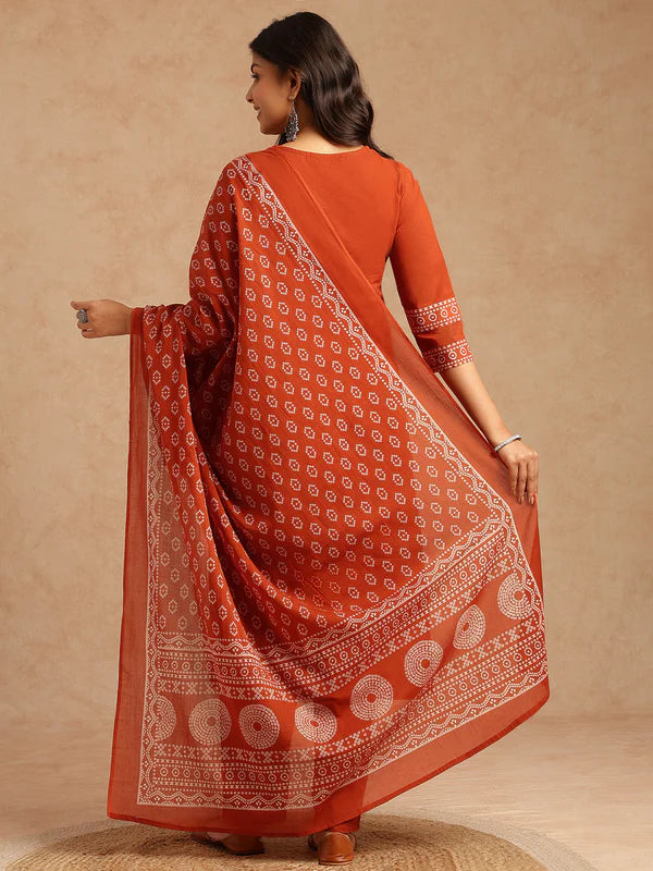 Orange Bandhani Print Straight Cotton Stitched Kurta Set