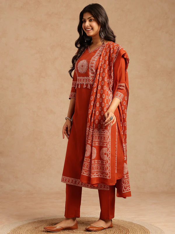 Orange Bandhani Print Straight Cotton Stitched Kurta Set