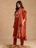 Orange Bandhani Print Straight Cotton Stitched Kurta Set