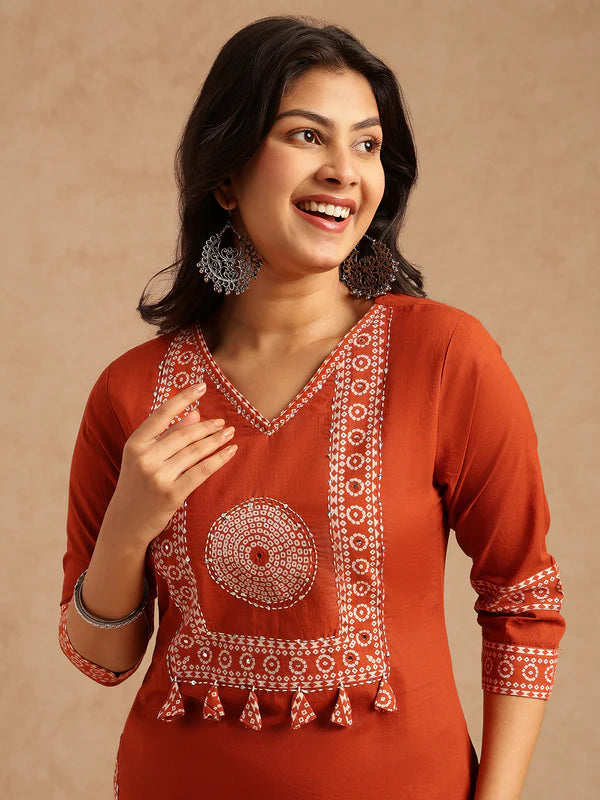 Orange Bandhani Print Straight Cotton Stitched Kurta Set