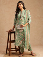 Pista Floral Print Straight Cotton Stitched Kurta Set
