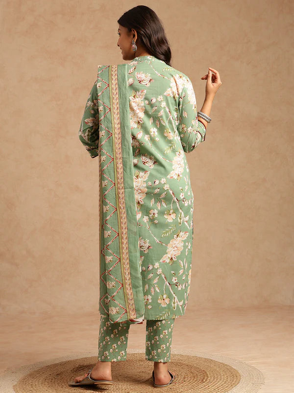 Pista Floral Print Straight Cotton Stitched Kurta Set