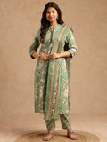 Pista Floral Print Straight Cotton Stitched Kurta Set