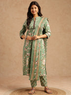Pista Floral Print Straight Cotton Stitched Kurta Set