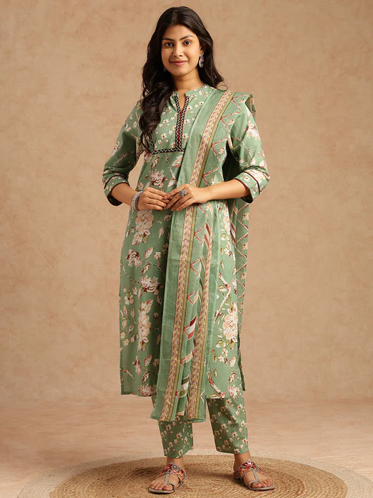 Pista Floral Print Straight Cotton Stitched Kurta Set