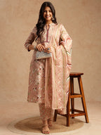 Peach Floral Print Straight Cotton Stitched Kurta Set