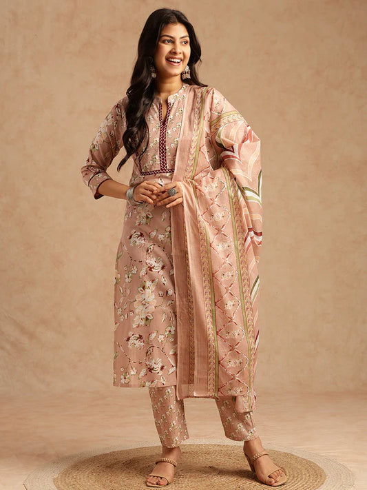 Peach Floral Print Straight Cotton Stitched Kurta Set