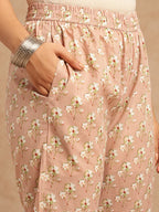 Peach Floral Print Straight Cotton Stitched Kurta Set
