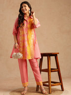 Pink Batik Print A-Line Chanderi Stitched Kurta Set