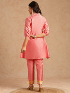 Pink Batik Print A-Line Chanderi Stitched Kurta Set