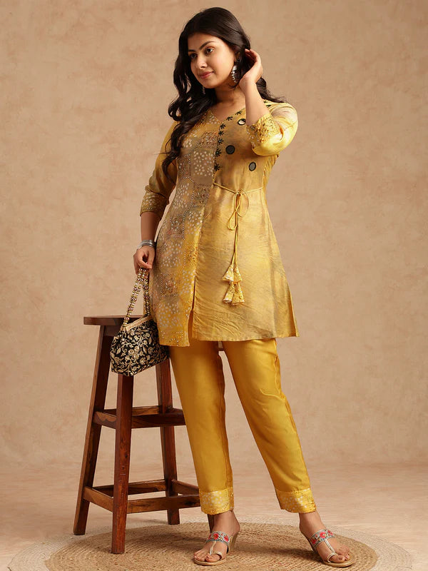 Yellow Embroidered A-Line Chanderi Stitched Kurta Set — Elegant Festive Wear