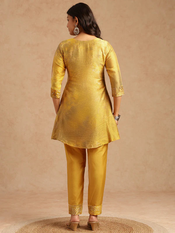 Yellow Embroidered A-Line Chanderi Stitched Kurta Set — Elegant Festive Wear
