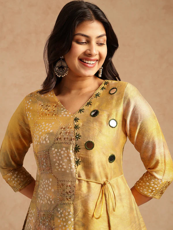 Yellow Embroidered A-Line Chanderi Stitched Kurta Set — Elegant Festive Wear
