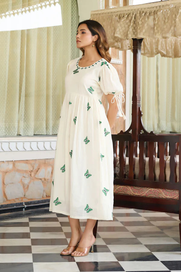 Green Butterfly Print A-Line Mul Cotton Stitched Dress