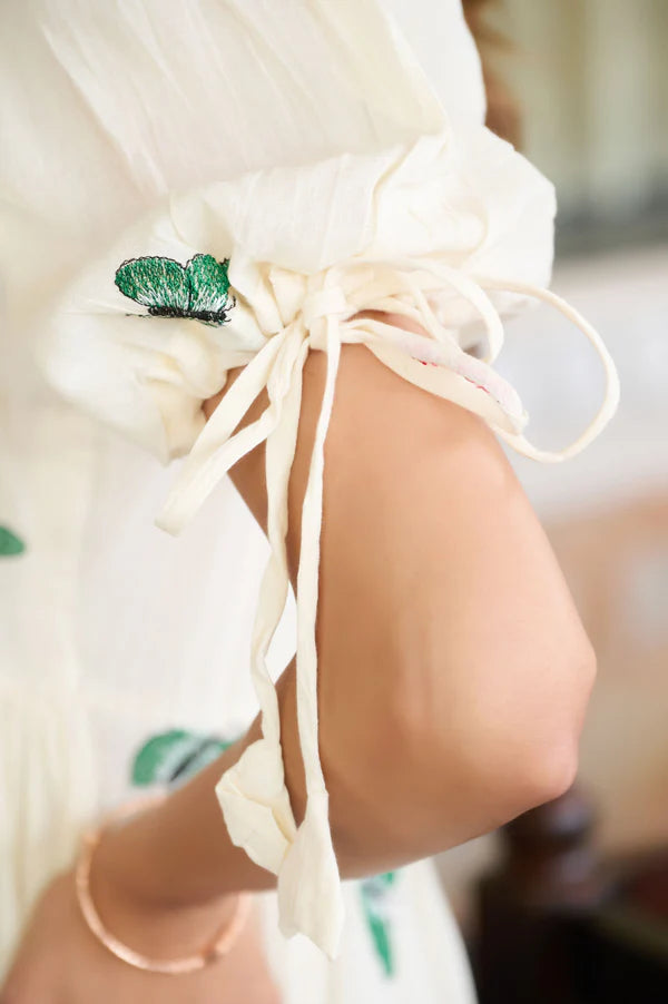 Green Butterfly Print A-Line Mul Cotton Stitched Dress