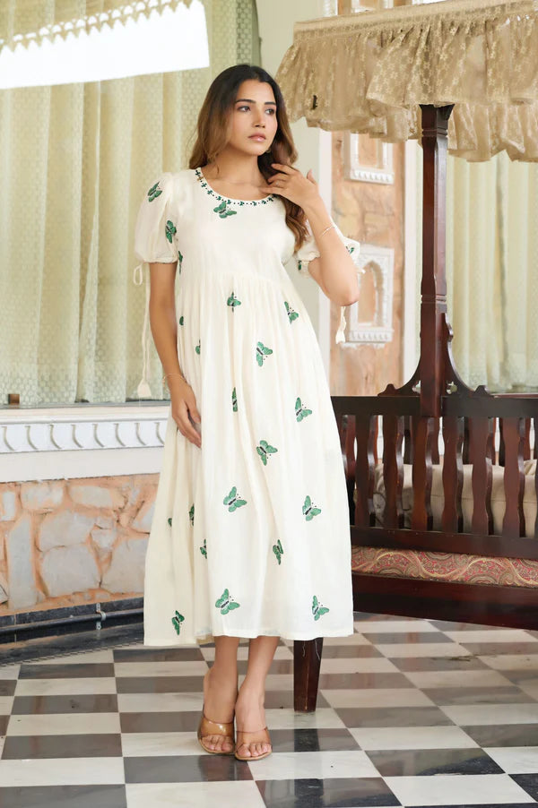 Green Butterfly Print A-Line Mul Cotton Stitched Dress