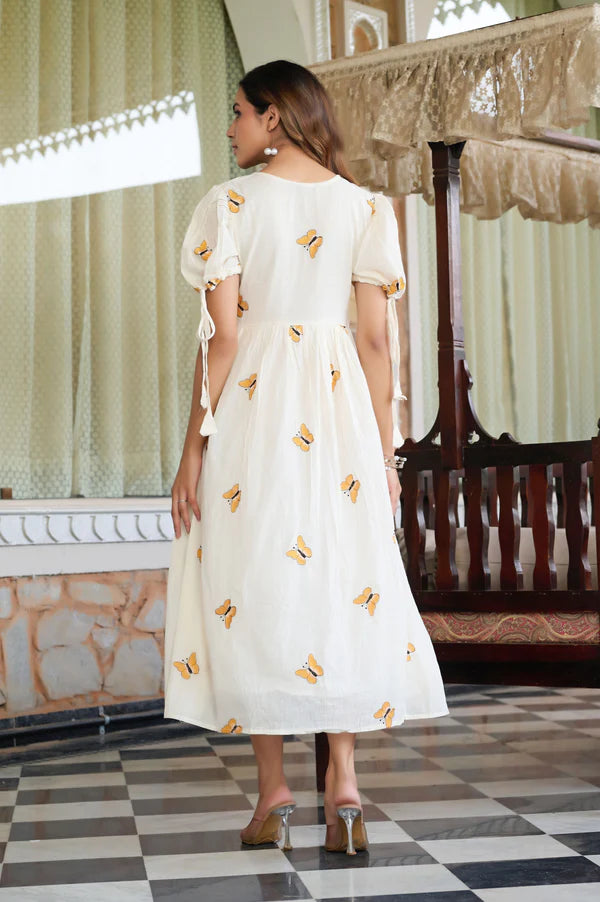 Orange Butterfly Print A-Line Mul Cotton Stitched Dress