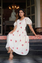 Red Butterfly Print A-Line Mul Cotton Stitched Dress