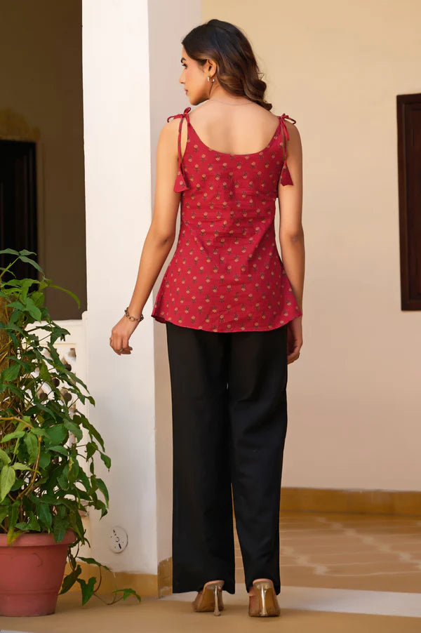 Maroon Floral Printed Straight Cotton Stitched Top