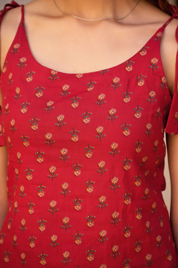Maroon Floral Printed Straight Cotton Stitched Top