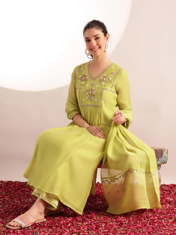 Parrot Green Embroidered Mul Chanderi with Inner Kurta Palazzo Set with Dupatta