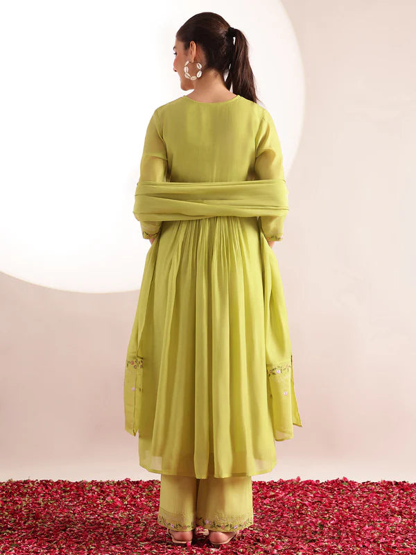 Parrot Green Embroidered Mul Chanderi with Inner Kurta Palazzo Set with Dupatta