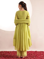 Parrot Green Embroidered Mul Chanderi with Inner Kurta Palazzo Set with Dupatta