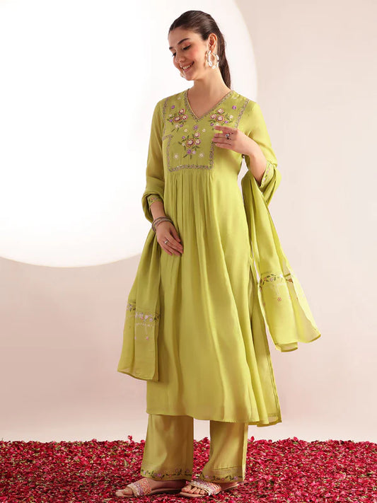 Parrot Green Embroidered Mul Chanderi with Inner Kurta Palazzo Set with Dupatta