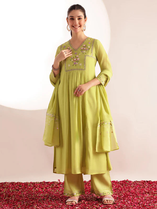Parrot Green Embroidered Mul Chanderi with Inner Kurta Palazzo Set with Dupatta