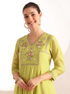 Parrot Green Embroidered Mul Chanderi with Inner Kurta Palazzo Set with Dupatta