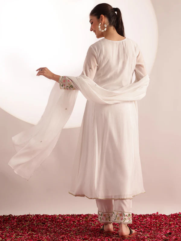 White Embroidered-Solid Fit & Flare Mul Chanderi Stitched Kurta, Pant With Dupatta