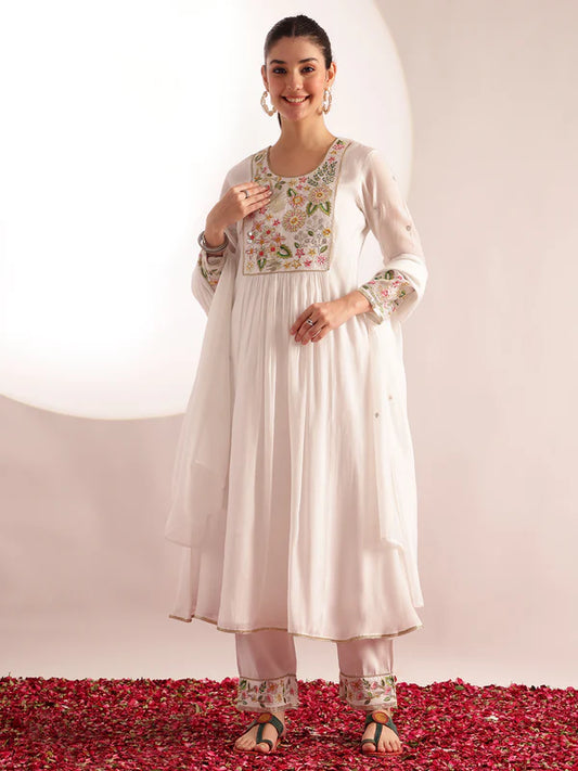 White Embroidered-Solid Fit & Flare Mul Chanderi Stitched Kurta, Pant With Dupatta